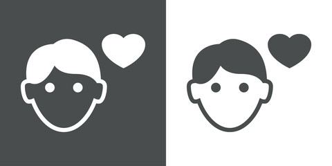 Hombre enamorado. Logotipo con silueta de cara de chico con corazón en fondo gris y fondo blanco