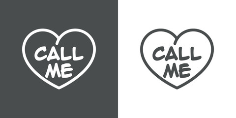 Día de San Valentín. Logotipo con texto Call Me escrito en silueta de corazón con lineas en fondo gris y fondo blanco