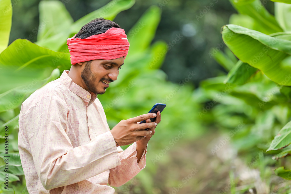 Wall mural Indian farmer using smartphone at banana agriculture field.