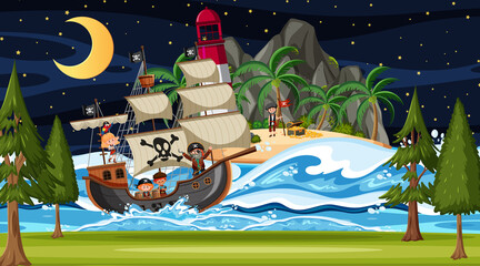 Beach with Pirate ship at night scene in cartoon style