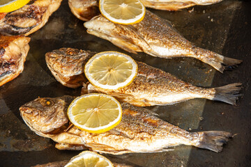 Grilled carp fish ,Dorada (Sparus aurata) with lemon in Bistrita ,Romania