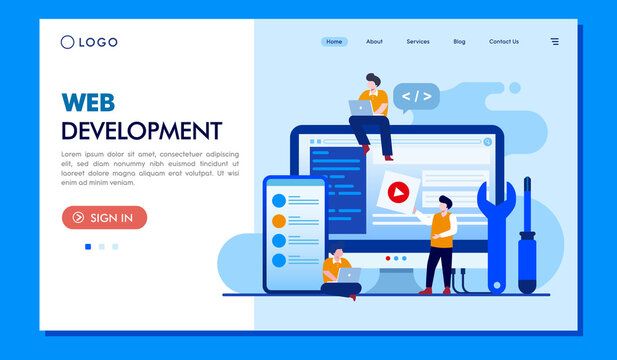 PrintWeb development. programming languages. css, html, it, ui. programmer cartoon character developing website, coding. flat illustration banner