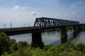 Fototapeta premium The Anghel Saligny Bridge (formerly King Carol I Bridge) spans the Danube near Cernavoda, Romania. may , 2017