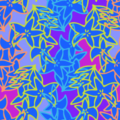 Vector seamless pattern colorful design of abstract lined flowers in bright blue tones