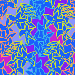 Fototapeta premium Vector seamless pattern colorful design of abstract lined flowers in bright blue tones