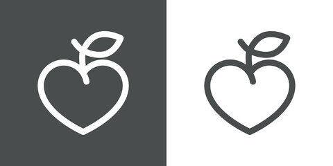 Símbolo de comida sana. Logotipo silueta de manzana con forma de corazón con lineas en fondo gris y fondo blanco © teracreonte