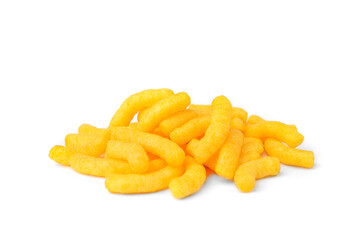 Cheese flavored puffed corn snacks isolated on white background.