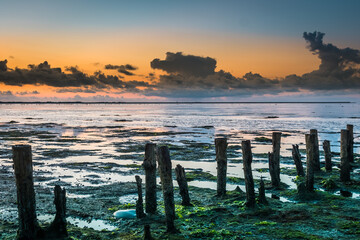 The Wadden Sea on island Romo in Denmark at low tide after sunset. Wadden Sea in Germany, Denmark...