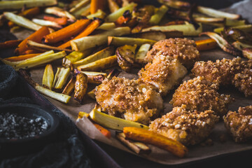 Homemade crispy chicken nuggets with vegetable fries made from parsnips, potatoes and carrots, on black background