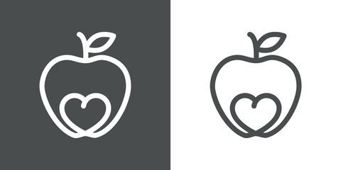 Símbolo de comida sana. Logotipo silueta de corazón dentro de manzana con lineas en fondo gris y fondo blanco