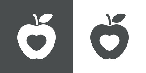 Símbolo de comida sana. Logotipo silueta de corazón dentro de manzana en fondo gris y fondo blanco