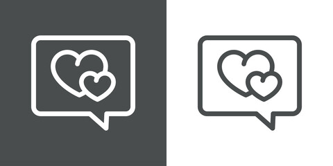 Día de San Valentín. Logotipo con silueta de 2 corazones en burbuja de habla con lineas en fondo gris y fondo blanco