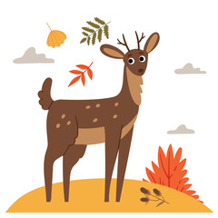 Deer in the autumn heat.Book illustration. Autumn forest.Fall on the lawn.