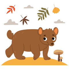 Bear on the autumn lawn.Book illustration. Autumn forest.Fall on the lawn.