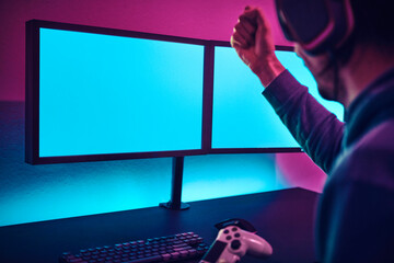 Player wins the round. Positive emotions. Blank monitor to insert your content.