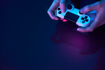High angle view of male hands holding game controller.