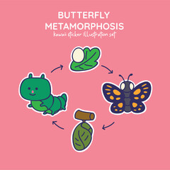 Cute and Kawaii Butterfly Metamorphosis Sticker Illustration Set from egg, caterpillar, chrysalis in to butterfly