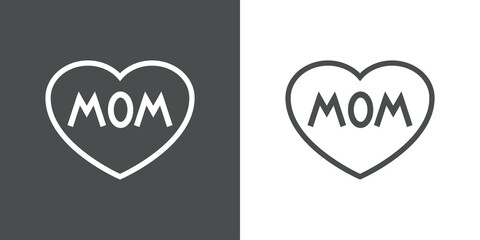 Día de la madre. Logotipo con texto hecho a mano Mom en silueta de corazón con lineas en fondo gris y fondo blanco