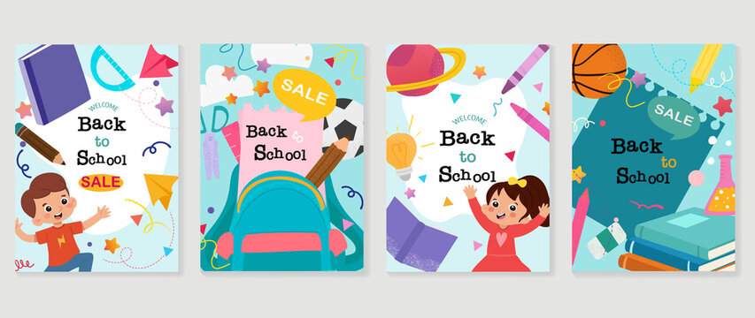 Back to school Sale vector banners. Background design with children and education accessories element. Kids hand drawn flat design for poster , wallpaper, website and cover template. 