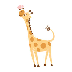 Cute cartoon baby giraffe playing with butterfly. Stylized pastel flat illustration for nursery decor. Poster design for children bedroom. Cool print for kids clothes, greeting card on baby shower.