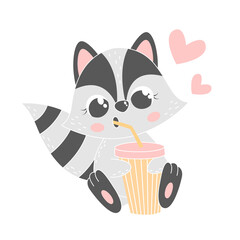 Cute cartoon raccoon with a big cup of cocktail. Beautiful pastel illustration for nursery poster design in scandinavian style. Cool print for baby clothes. Kids picture with a little forest animal.