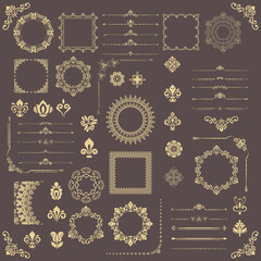 Vintage set of vector horizontal, square and round elements. Golden elements for backgrounds, frames and monograms. Classic patterns. Set of vintage patterns