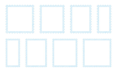 파란색 낙서 배경 테두리의 다양한 사이즈의 우표 세트 