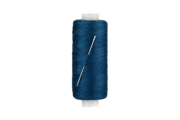 Sewing needle in a spool with blue threads isolated on a white background.