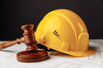 Wooden gavel with yellow helmet close-up. Construction law theme