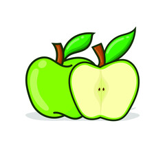 Green apple with sliced another apple. green apple vector illustration with shadow and white background