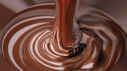 A stream of liquid chocolate flows down. Glossy chocolate surface. Brown background.