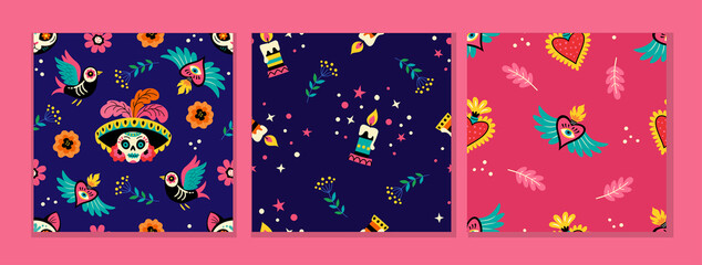 Mexican patterns collection. Seamless vector patterns with traditional Mexican sugar skulls, flowers, hearts and candles on dark blue and pink backgrounds