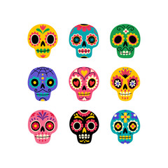 Dia de los muertos. Vector collection of Mexican traditional sugar skulls in various colors. Isolated on white.