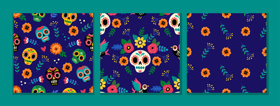 Day of the Dead patterns collection. Seamless vector patterns with traditional Mexican sugar skulls and flowers on dark blue background.