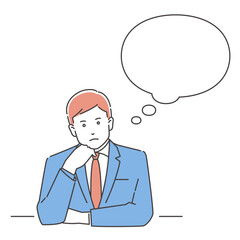 ビジネスパーソン　頬杖をついて考え込む男性　正面　3色