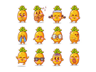 Cute and Kawaii pineapple Sticker Illustration Set With Various Activity and Expression for mascot