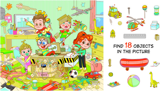 Find 18 objects in the picture. Hidden objects puzzle. Children play in a time machine. Funny cartoon character 