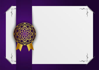 Certificate luxury mandala graphic background. gold ornamental purple white on shadow transparency. Decorative pattern east style. Vector illustration with copy space.