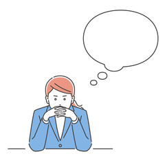 ビジネスパーソン　顔の前で指を組んで考え込む女性　正面　3色