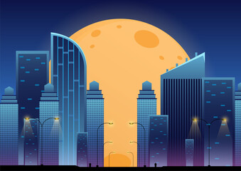 night cartoon background with building and moon, perfect for your design