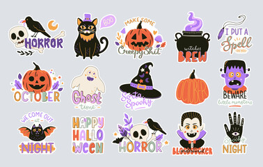 Collection of cute Halloween typography prints. Hand drawn symbols and lettering. Vector illustration.