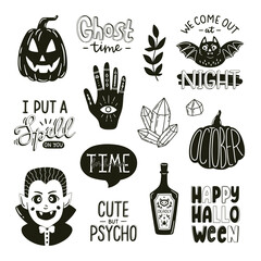 Black and white print with Halloween elements. Vector hand drawn illustrations and lettering.