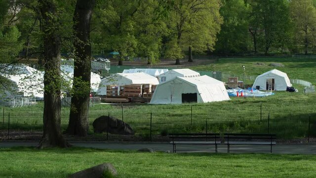 NEW YORK CITY, UNITED STATES - May 09, 2020: 4K Footage Of Emergency Field Hospital In Central Park Built By Christian Aid Organization Samaritan's Purse During The COVID-19 Coronavirus Pandemic.
