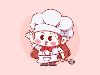 Cute and kawaii Female Chef holding spoon Manga Chibi Illustration