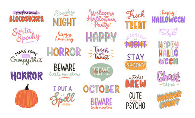 Collection of cute Halloween typography stickers. Hand drawn catchy holiday phrases. Vector illustration.