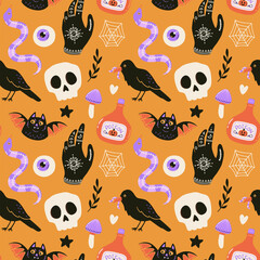 Halloween seamless pattern. Hand drawn holiday background. Cute spooky vector illustration.
