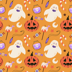 Halloween seamless pattern. Hand drawn holiday background. Cute spooky vector illustration.