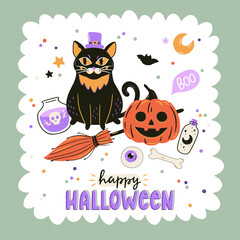 Cute Halloween print with cartoon elements and lettering. Hand drawn illustration.
