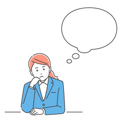 ビジネスパーソン　頬杖をついて考え込む女性　正面　3色