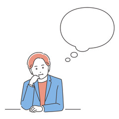 ビジネスパーソン　頬杖をついて考え込む女性　正面　3色